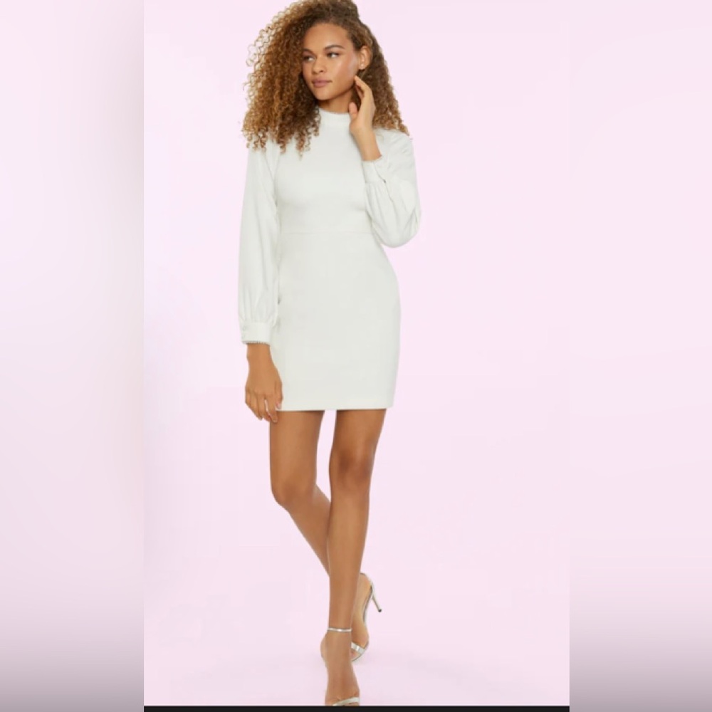 Likely Dress Women White Sz#12 Long Slevess Turtle Neck decorative pearls New